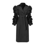 Patchwork Ruffle Ruched Casual Windbreaker For Women Lapel Long Sleeve High Waist Sashes Black Trench Female