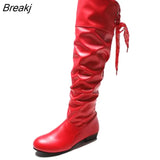For Women 2023 Spring Knee High Boots Red Black White Tall Boots Woman Pleated Low Heel Casual Leather Female Long