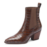 Ankle Boots for Women Luxury Cow Split Genuine Leather Block High Heel Elastic Band Short Booties Goth Brown Black