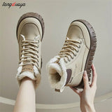 Women Snow Boots Winter Spring Warm Thick Soled Ankle Boots Solid Color lace-up Shoes for Women Height Increasing Plush