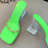 PVC Jelly Slippers Female Mules Slides Women Chain Designer Transparent Perspex High Heels Sandals Summer Clear Shoes