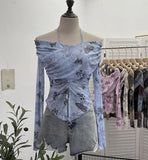 Real Shot Shoulder Strap Hanging Neck Pure Lust Wind Long-Sleeved T-Shirt Repair Cross-Folded Open Fork Short Top