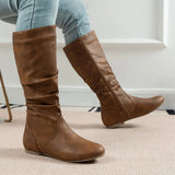 Breakj Mid-Size Boots Women 2024 Autumn And Winter Pure Color Velvet West Knight Boots Round Head Flat And Pile