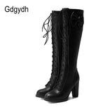 2022 Autumn Winter Women Knee-High Motorcycle Boots Thick Heel Platform Bow-knot Female Wedding Boots Plus Size 48