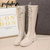 Thigh High Leather Boots Flat Gothic Shoes Women Fall Winter Shoes Fur Boots Over The Knee Boots Black White