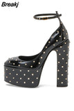 Pumps Women Platform Shoes Office Lady Chunky Heels Ladies Shoes Rivet Ankle Strap Thick Bottom Wedding Shoes For