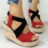 Large Size Beige Heeled Sandals Velvet Shoes Cross-Shoes Clogs Wedge 2024 Summer Espadrilles Platform Big Black High