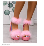 Furry Sandals High Heels with Fur Female Platform Pumps Women Ankle Strap Women's Wedge Shoes 2023