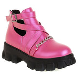 Motorcycle Boots Autumn For Women 2021 Comfy Chunky Heel Chelsea Boots Metal Chain Buckle Strap New Arrivals Pink