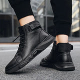Boots Black PU Leather Men Shoes Autumn Winter Comfortable High-top Casual Shoes 2022 Fashion Leahter Platform Boots