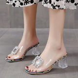 Snake Pattern Square Toe Transparent Slippers Summer New Women Shoes Casual Brief Fashion Rhinestones Women