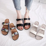 2023 Summer Women Beach Med Heel Cork Slippers Casual PU Leather Wedge Platform