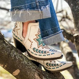 Female Western Boots Wood Sole Pointed Toe Slip-On Print Ankle Boots Embroider 2023 Spring Comfy Woman Boots