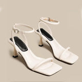 Ankle-Strap Buckle Sandal Summer Square Toe Ladies Stiletto High Heel Shoes Sexy Solid Thin Band Sandalias De Mujer
