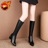 for Woman Long Winter Knee High Shaft Footwear Leather Women's Boots Fur Brown Pointed Toe Chic and Elegant Fashion