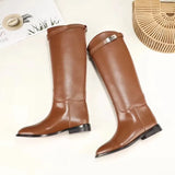 New Women Motorcycle Booties Belt Strap Metal Shark Lock Flat Heel Knee High Boots Woman Shoes Genuine Leather Botas