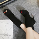 Ladies Peep Toe Stretch Fabric Knitting Ankle Boots Small Hole Hollow Out Breathable Dress Women High Heels Dance