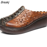 2023 Retro Slippers Genuine Leather Shoes Handmade Slides Flip Flop On The Platform Clogs For Women Hollow Woman
