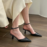 Sandals Woman Leather Suit Female Beige Shoes Lady 2024 Ankle Strap Shallow Mouth Cross Summer Heels Low-heeled Black New