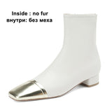 Women Genuine Leather Ankle Boots Square Toe Flat Ladies Zipper Mixed Colors Short Boot Autumn Winter Shoes Beige