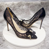 Flowers Bow Women Lace Mesh Pointy Toe High Heels Elegant Ladies Designer Stiletto Pumps Summer Dress Shoes Black