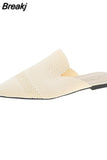 Women Yellow Black Knitted Slides Mules New Elegant Mesh Breathable Med Heel Slippers Closed Toe Slides Party