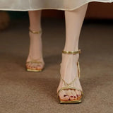 Women's Shoes 2023 Brand Square Toe Gladiator Sandalias Summer Chain Gold High Heels Women's Sandals Fashion Party female