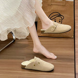 Fashion Women Winter Cork Slippers Closed Toe Artificial Fur Inside Low Heel Casual Soft Warm Fluffy Slide