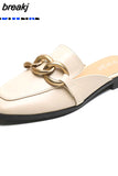 mules fashion design Flat Square Toe Chain Backless Shoes Summer outdoor and indoor office wear White black slipper