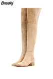 Winter Women Over-the-knee Boots Round Toe Mid-heel Faux Side Zipper Plush Botas Mujer Classics Suede Thigh High