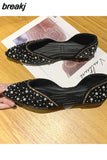 Women Flat Heel Crystal Shoes Pearl Flats Party Spring Summer Pointed Toe Slip On Sexy V Mouth Lady Weekends Loafers