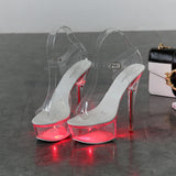 Breakj 34-43 Sexy Super High Heels Luminous Thin Heel Waterproof Platform Sandals Transparent Model Crystal Shoes Wedding