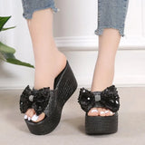 Plus Size 35-43 Slippers Women's Fashion Sequin Bow High Heel Sandals Sexy Platform Shoes Slippers