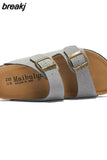2023 New Summer Men Cork Slipper Casual Beach Double Buckle Non-slip Outside Nubuck Leather Slip on Slides