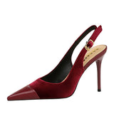 Breakj High Heels Women's Shoes Shallow Mouth West Velvet And Thick Suede Stitching Tip Back Empty Hollow Back Trip Strip Single