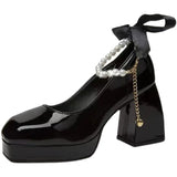 Women Pumps Elegant Bow Square Toe Black High Heels Fashion Thick Heel Wedding Party Pearl Lace Wedding Shoe Zapatos