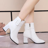 Black Thick High Heel Ankle Boots Women Pointed Toe Keep Warm Elegant Short Booties Ladies Ankle Buckle