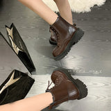 Autumn Winter Platform Ankle Boots Women Thick Sole Pu Leather Biker Boots Woman 2023 Short Plush Lace-Up Shoes