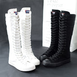 2023 Spring Autumn Women Canvas Casual Shoes Long Knee High Boots Lace-Up Zipper Comfortable Flat Sneakers Small