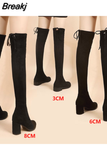 Suede Female Heels Autumn Zipper Elastic Knee-high Boots for Women Tube Lace-up Thigh Gigh Boots Black Botas Mujer