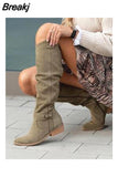 New Fashion Low Heel Side Zip Size 43 Suede Thigh High Women's Boots Retro Woman Booties Autumn Winter Knee High