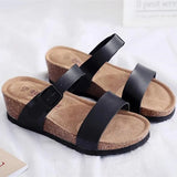 2023 Summer Women Beach Med Heel Cork Slippers Casual PU Leather Wedge Platform