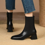 Autumn and Winter New Fashion Square Head Retro High Thick Heel Side Zipper Skinny Short Boots Women's All-match Nude