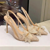 Closed Sandals for Women Thin Heels Ladies Shoes Stiletto Summer 2023 Diamond Bow Silver Rhinestones Pointed Toe