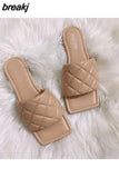 Size 35-41 Slippers Women Flat Square Toe Slides Beach Flip Flops Fashion Embroidery Sandal Gingham Slipper Apple Green