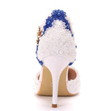 Queen Women Sandals High Heels White Blue Lace Wedding Shoes Pointed Toe Flower Pearls