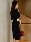 Fashion Elegant Office Lady Women Dress Sexy Retro Casual Turn-Down Collar Black Formal Slim Midi Party Pencil Femme