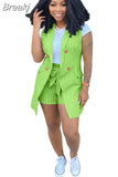 Striped Print Two Piece Set Women Sleeveless Blazer Coat And Sashes Pants Outfits Office Lady Elegant Work 2pcs