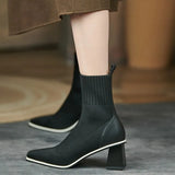 Spring and Autumn New Knitted Wool Socks Boots Women's Square Head Thick Heels Thin Comfortable Nude Boots