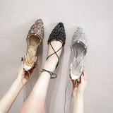 Women Luxury Rhinestone Ballet Flats Cross-Tied Lace Up Flat Shoes Woman Crystal D'orsay Wedding Shoes Glitter